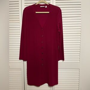Susan Graver Liquid Knit Cardigan Duster Burgundy Button Front V-Neck Size L